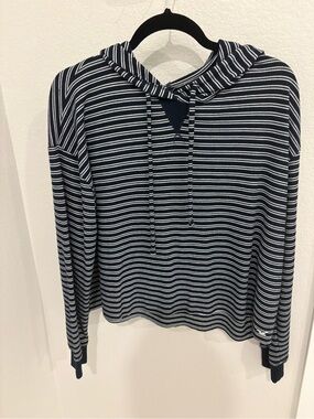 Hollister Navy and White Striped Hooded Pullover